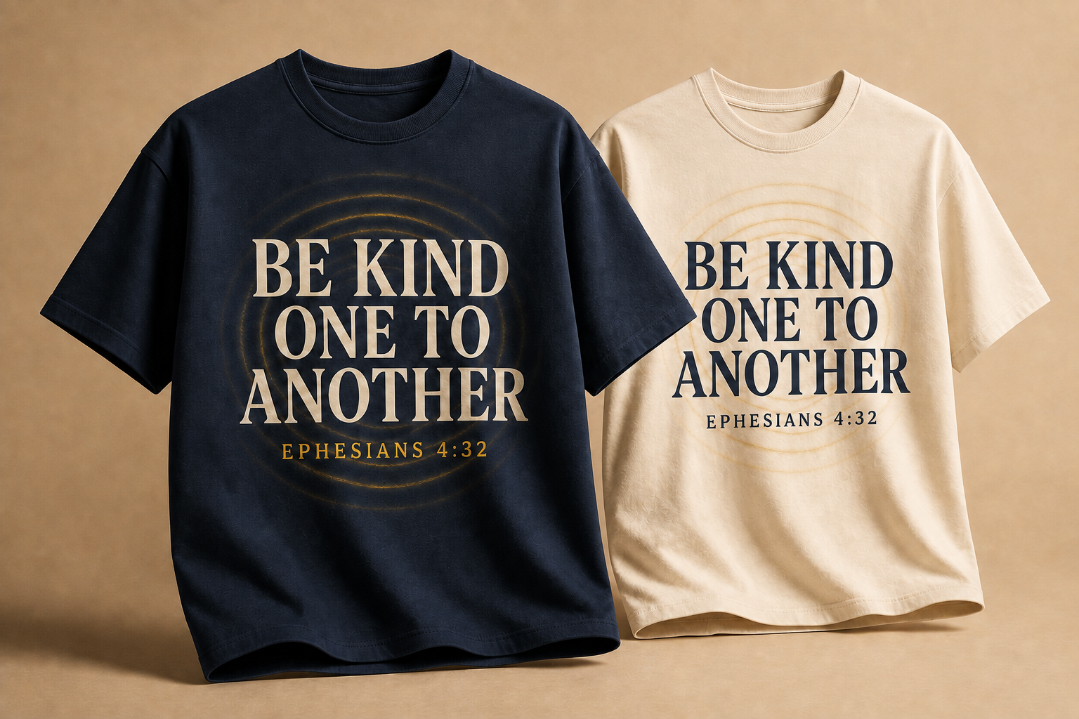 Navy and ivory BKOTA shirt design visualizations with large Be Kind One To Another lettering and Ephesians 4:32